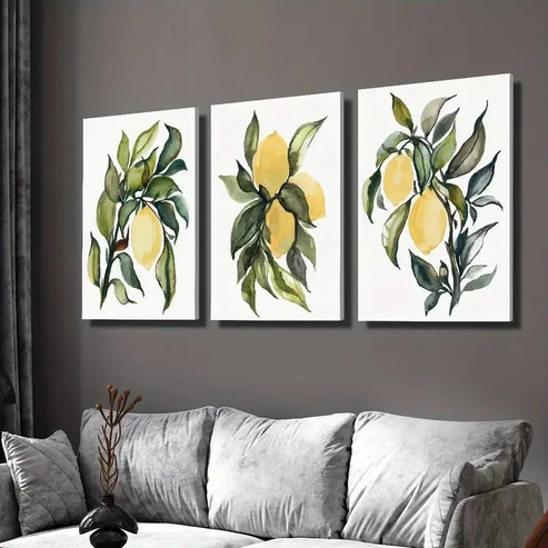 3pcs Vibrant Yellow Lemons with Green Leaves Wall Art Set Canvas Framed 40x60cm – High Quality Print 100% Australian Made Wall Canvas Ready to Hang