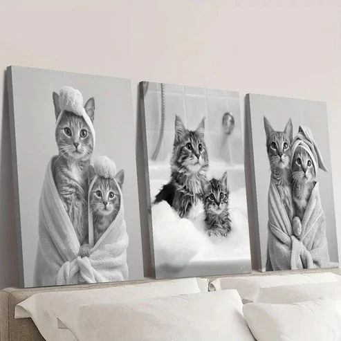 3pcs Adorable Black and White Cat Wall Art Set Canvas Framed 40x60cm – High Quality Print 100% Australian Made Wall Canvas Ready to Hang