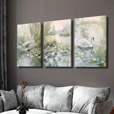 3pcs Depicting Spring Scenes Pond with Water Lily Wall Art Set Canvas Framed 40x60cm - High Quality Print 100% Australian Made Wall Canvas Ready to Hang
