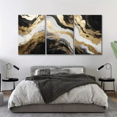 3pcs Abstract Wall Art Black and Gold Canvas Framed 50x70cm - High Quality Print 100% Australian Made Wall Canvas Ready to Hang