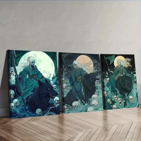 3pcs Gothic Fantasy Art with Moonlit Wolves Wall Art Set Canvas Framed 50x70cm – High Quality Print 100% Australian Made Wall Canvas Ready to Hang