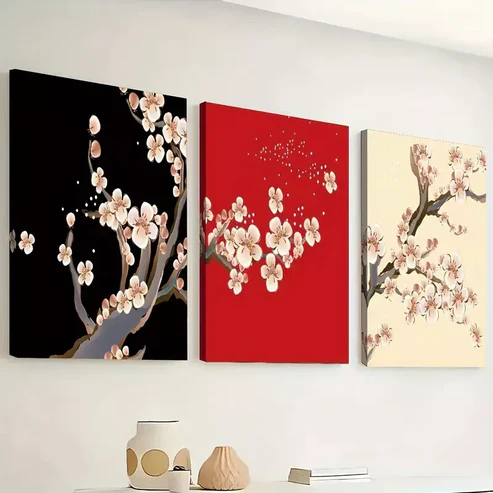 3pcs Featuring Plum Blossoms Floral Designs Wall Art Set Canvas Framed 40x60cm – High Quality Print 100% Australian Made Wall Canvas Ready to Hang