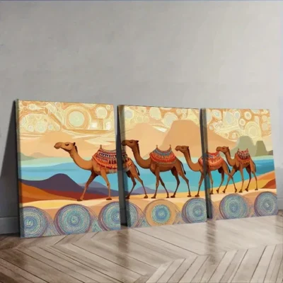 3pcs Decor with Camels, Dunes & Sunset Wall Art Set Canvas Framed 40x60cm - High Quality Print 100% Australian Made Wall Canvas Ready to Hang