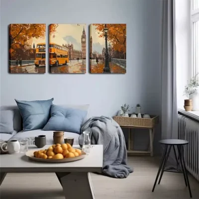 3pcs Cityscape with Yellow Double-Decker Buses Wall Art Set Canvas Framed 40x60cm - High Quality Print 100% Australian Made Wall Canvas Ready to Hang