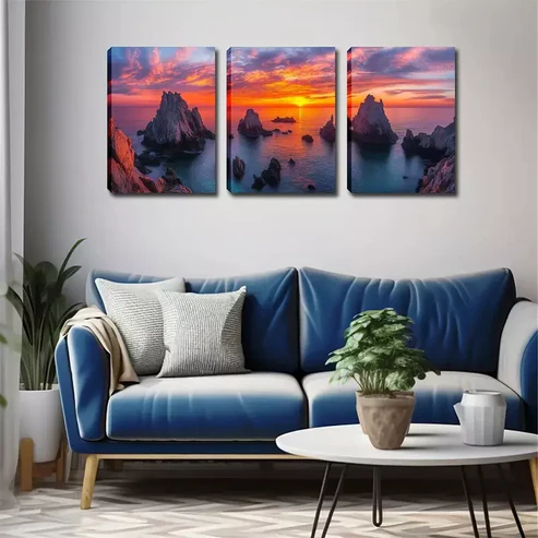 3pcs Serene Ocean & Rocks Landscape Wall Art Set Canvas Framed 40x60cm – High Quality Print 100% Australian Made Wall Canvas Ready to Hang