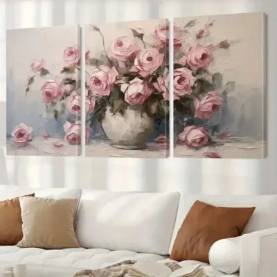 3pcs Pink Roses Floral Vase Abstract Canvas Framed 50x70cm- High Quality Print 100% Australian Made Wall Canvas Ready to Hang