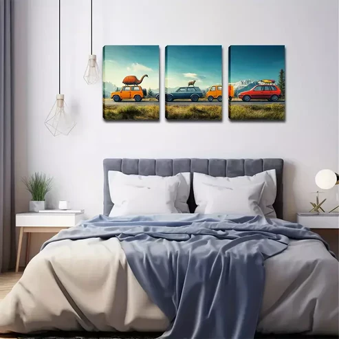 3pcs Decoration, Cute Cars And Animals Wall Art Set Canvas Framed 40x60cm – High Quality Print 100% Australian Made Wall Canvas Ready to Hang