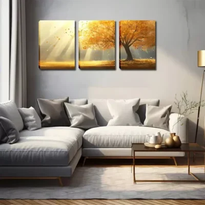 3pcs Stunning Artwork, Yellow Leaf Tree, Sun, Wall Art Set Canvas Framed 40x60cm - High Quality Print 100% Australian Made Wall Canvas Ready to Hang