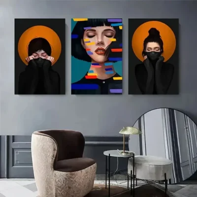 3pcs Vibrant Geometric Female Portraits Wall Art Set Canvas Framed 40x60cm - High Quality Print 100% Australian Made Wall Canvas Ready to Hang