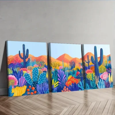 3pcs Colorful Cactus & Floral Garden Scene Wall Art Set Canvas Framed 40x60cm - High Quality Print 100% Australian Made Wall Canvas Ready to Hang