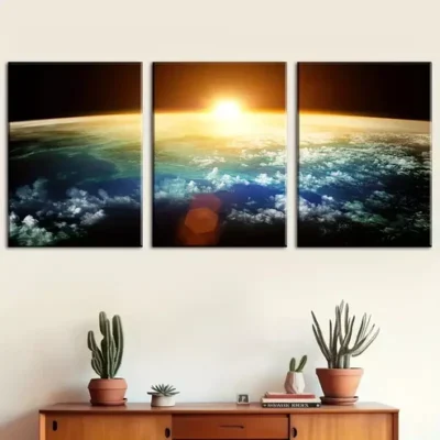 3pcs Space sunrise scenery - earth paintings Wall Art Set Canvas Framed 40x60cm - High Quality Print 100% Australian Made Wall Canvas Ready to Hang