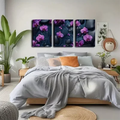 3pcs Black Pebbles & Purple Orchids Triptych Wall Art Set Canvas Framed 40x60cm - High Quality Print 100% Australian Made Wall Canvas Ready to Hang