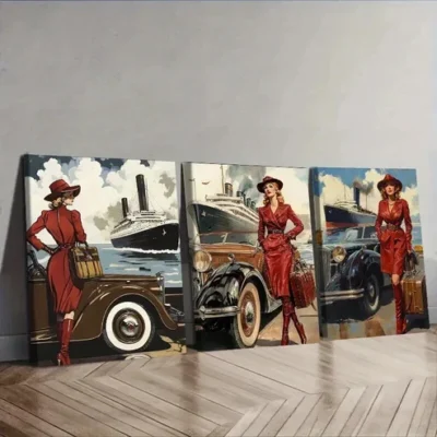 3pcs Featuring a Retro Modern Girl, Wall Art Set Canvas Framed 50x70cm - High Quality Print 100% Australian Made Wall Canvas Ready to Hang