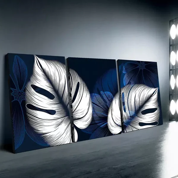 3pcs Modern Abstract Blue & White Leaves Canvas Framed 50x70cm- High Quality Print 100% Australian Made Wall Canvas Ready to Hang