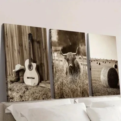 3pcs Vintage Highland Cow & Guitar Wall Art Set Canvas Framed 50x70cm - High Quality Print 100% Australian Made Wall Canvas Ready to Hang