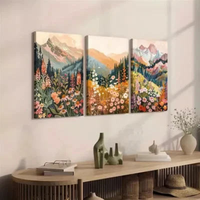3pcs Floral & Forest Mountain with Wildflowers Canvas Framed 50x70cm- High Quality Print 100% Australian Made Wall Canvas Ready to Hang