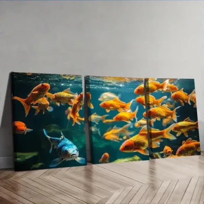 3pcs Featuring Goldfish in an Aquarium Wall Art Set Canvas Framed 50x70cm - High Quality Print 100% Australian Made Wall Canvas Ready to Hang
