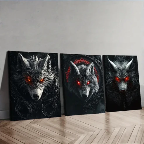 3pcs Fierce Red-Eyed Wolf Wall Art Set Canvas Framed 40x60cm – High Quality Print 100% Australian Made Wall Canvas Ready to Hang