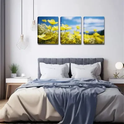 3pcs Blooming Small Yellow Flowers Wall Art Set Canvas Framed 40x60cm - High Quality Print 100% Australian Made Wall Canvas Ready to Hang