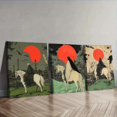 3pcs Red Sunset & White Horse Design Wall Art Set Canvas Framed 40x60cm - High Quality Print 100% Australian Made Wall Canvas Ready to Hang