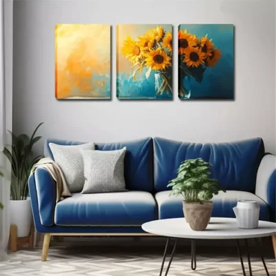 3pcs Sunflowers in Glass Vases Wall Art Set Canvas Framed 40x60cm - High Quality Print 100% Australian Made Wall Canvas Ready to Hang