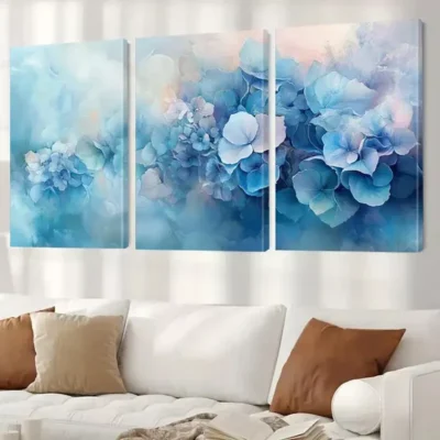3pcs Blue Hydrangeas Summer Flowers Painting Wall Art Set Canvas Framed 50x70cm- High Quality Print 100% Australian Made Wall Canvas Ready to Hang
