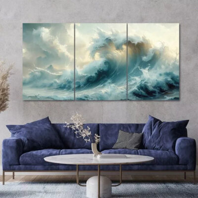 Big Ocean Wave 3 Piece Painting Canvas Framed 50x70cm- High Quality Print 100% Australian Made Wall Canvas Ready to Hang