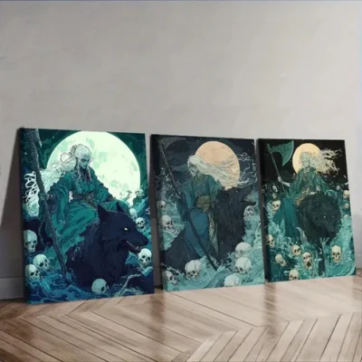 3pcs Gothic Fantasy Art with Moonlit Wolves Wall Art Set Canvas Framed 40x60cm - High Quality Print 100% Australian Made Wall Canvas Ready to Hang
