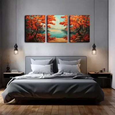 3pcs Autumn Trees and Lake Landscape Wall Art Set Canvas Framed 40x60cm - High Quality Print 100% Australian Made Wall Canvas Ready to Hang