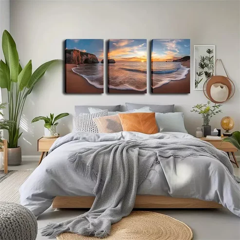 3pcs Stunning White Waves, Sea Level Sunset Wall Art Set Canvas Framed 40x60cm – High Quality Print 100% Australian Made Wall Canvas Ready to Hang