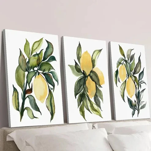 3pcs Vibrant Yellow Lemons with Green Leaves Wall Art Set Canvas Framed 50x70cm – High Quality Print 100% Australian Made Wall Canvas Ready to Hang