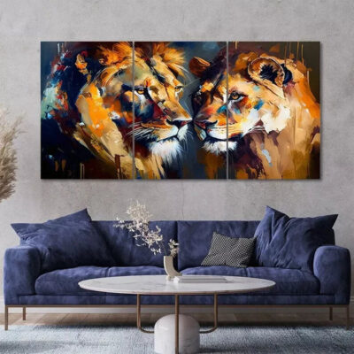 3 Piece Lion and Lioness Painting Canvas Framed 50x70cm- High Quality Print 100% Australian Made Wall Canvas Ready to Hang
