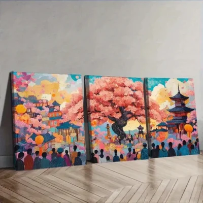 3pcs Traditional Asian Pagoda Wall Art Set Canvas Framed 50x70cm - High Quality Print 100% Australian Made Wall Canvas Ready to Hang