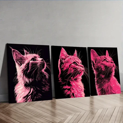 3pcs Vector illustration, cat Wall Art Set Canvas Framed 40x60cm – High Quality Print 100% Australian Made Wall Canvas Ready to Hang