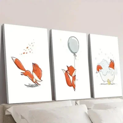 3pcs Vibrant Cartoon Foxes in Playful Scenes Wall Art Set Canvas Framed 50x70cm - High Quality Print 100% Australian Made Wall Canvas Ready to Hang