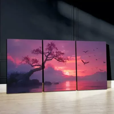 3pcs Cherry Blossoms By A Lake Canvas Framed 50x70cm- High Quality Print 100% Australian Made Wall Canvas Ready to Hang