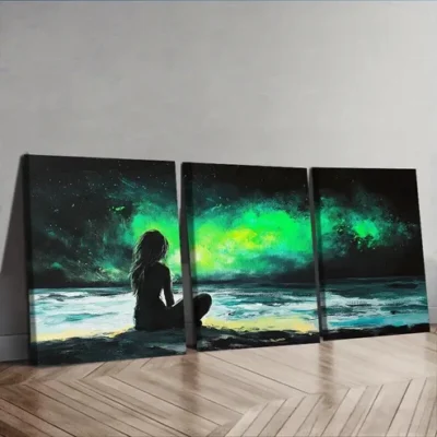 3pcs Vibrant Northern Lights Seascape Wall Art Set Canvas Framed 50x70cm - High Quality Print 100% Australian Made Wall Canvas Ready to Hang