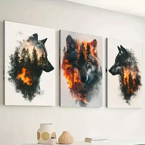3pcs Wolf Animal Abstract-forest Painting Wall Art Set Canvas Framed 40x60cm – High Quality Print 100% Australian Made Wall Canvas Ready to Hang