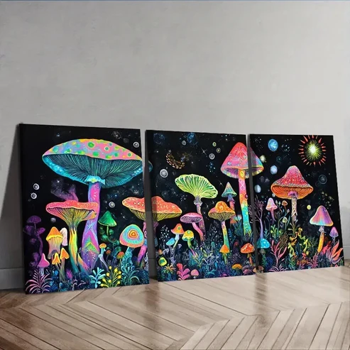 3pcs Luxurious Mushroom Garden Wall Art Set Canvas Framed 50x70cm – High Quality Print 100% Australian Made Wall Canvas Ready to Hang