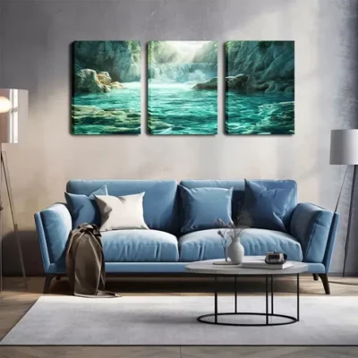 3pcs Serene Green Lake Scene with Waterfall Wall Art Set Canvas Framed 40x60cm - High Quality Print 100% Australian Made Wall Canvas Ready to Hang