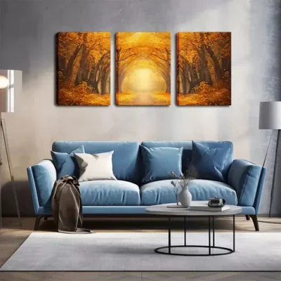 3pcs Vibrant Yellow Forest Road Scene Wall Art Set Canvas Framed 40x60cm - High Quality Print 100% Australian Made Wall Canvas Ready to Hang