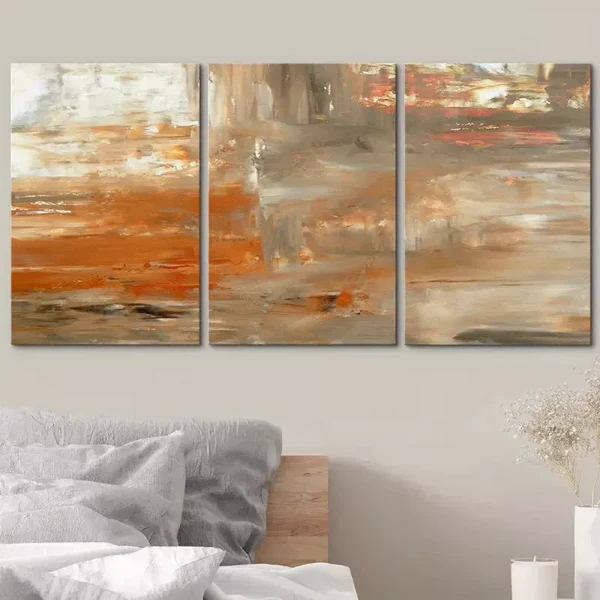 3pcs Gray& Orange Paint Smudge Strokes Abstract Canvas Framed 50x70cm- High Quality Print 100% Australian Made Wall Canvas Ready to Hang