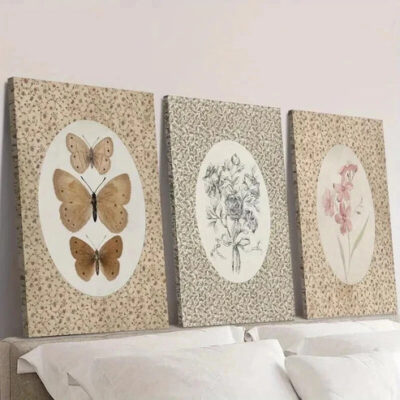 3pcs Vintage butterfly art, antique pink flower Wall Art Set Canvas Framed 50x70cm - High Quality Print 100% Australian Made Wall Canvas Ready to Hang
