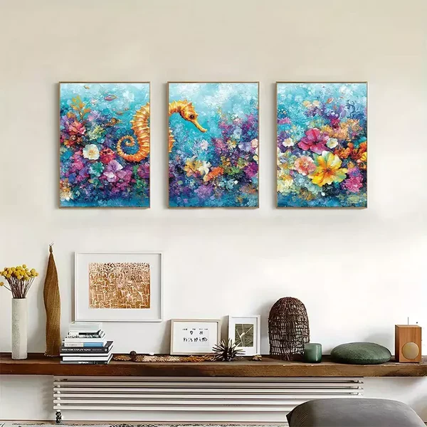 3pcs Seahorse in Ocean Triptych Canvas Framed 50x70cm- High Quality Print 100% Australian Made Wall Canvas Ready to Hang