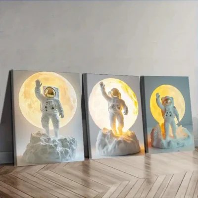 3pcs Cartoon Astronauts on the Moon Wall Art Set Canvas Framed 40x60cm - High Quality Print 100% Australian Made Wall Canvas Ready to Hang