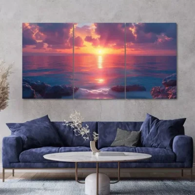 Vibrant Ocean Sunset 3 Piece Canvas Framed 50x70cm- High Quality Print 100% Australian Made Wall Canvas Ready to Hang