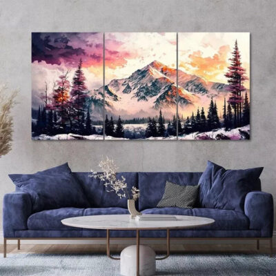 3 Piece Abstract Snow Mountain Forest Painting Style Art Canvas Framed 50x70cm- High Quality Print 100% Australian Made Wall Canvas Ready to Hang