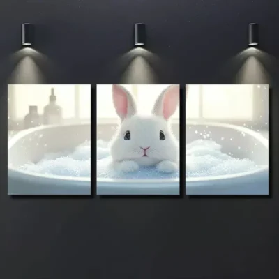 3pcs Rabbit in Bathtub Canvas Framed 50x70cm- High Quality Print 100% Australian Made Wall Canvas Ready to Hang
