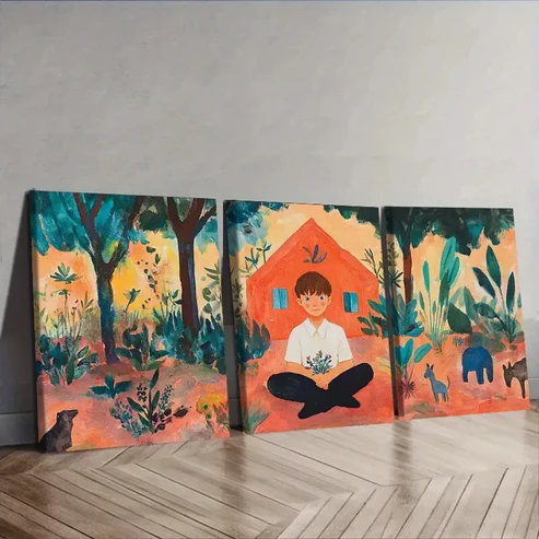 3pcs Vibrant Boy & Wildlife Scenes Wall Art Set Canvas Framed 50x70cm – High Quality Print 100% Australian Made Wall Canvas Ready to Hang