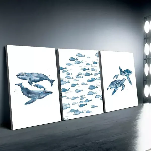 3pcs Water Color Painting Of Whale, Turtle & Fishes Canvas Framed 50x70cm- High Quality Print 100% Australian Made Wall Canvas Ready to Hang